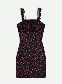 SHEIN PETITE Ditsy Floral Print Frill Trim Ruched Bust Knot Front Dress - Black - View 3