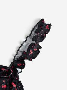 SHEIN PETITE Ditsy Floral Print Frill Trim Ruched Bust Knot Front Dress - Black - View 4