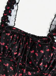 SHEIN PETITE Ditsy Floral Print Frill Trim Ruched Bust Knot Front Dress - Black - View 5