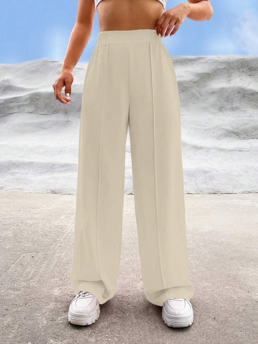 SHEIN EZwear Spring Dress PantsSolid High Waist Wide Leg Pants - Apricot - View 1