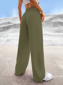 SHEIN EZwear Pantalones de pierna ancha unicolor de talle alto - Verde militar - Ver 2