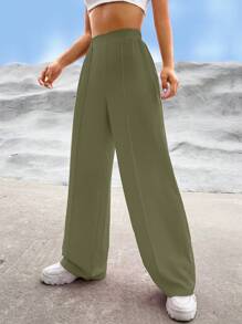 SHEIN EZwear Pantalones de pierna ancha unicolor de talle alto - Verde militar - Ver 3