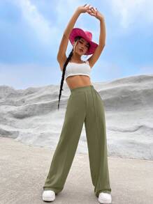SHEIN EZwear Pantalones de pierna ancha unicolor de talle alto - Verde militar - Ver 4