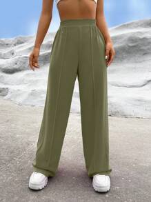 SHEIN EZwear Pantalones de pierna ancha unicolor de talle alto - Verde militar - Ver 5