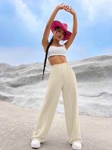 SHEIN EZwear Spring Dress PantsSolid High Waist Wide Leg Pants - Apricot - View 6