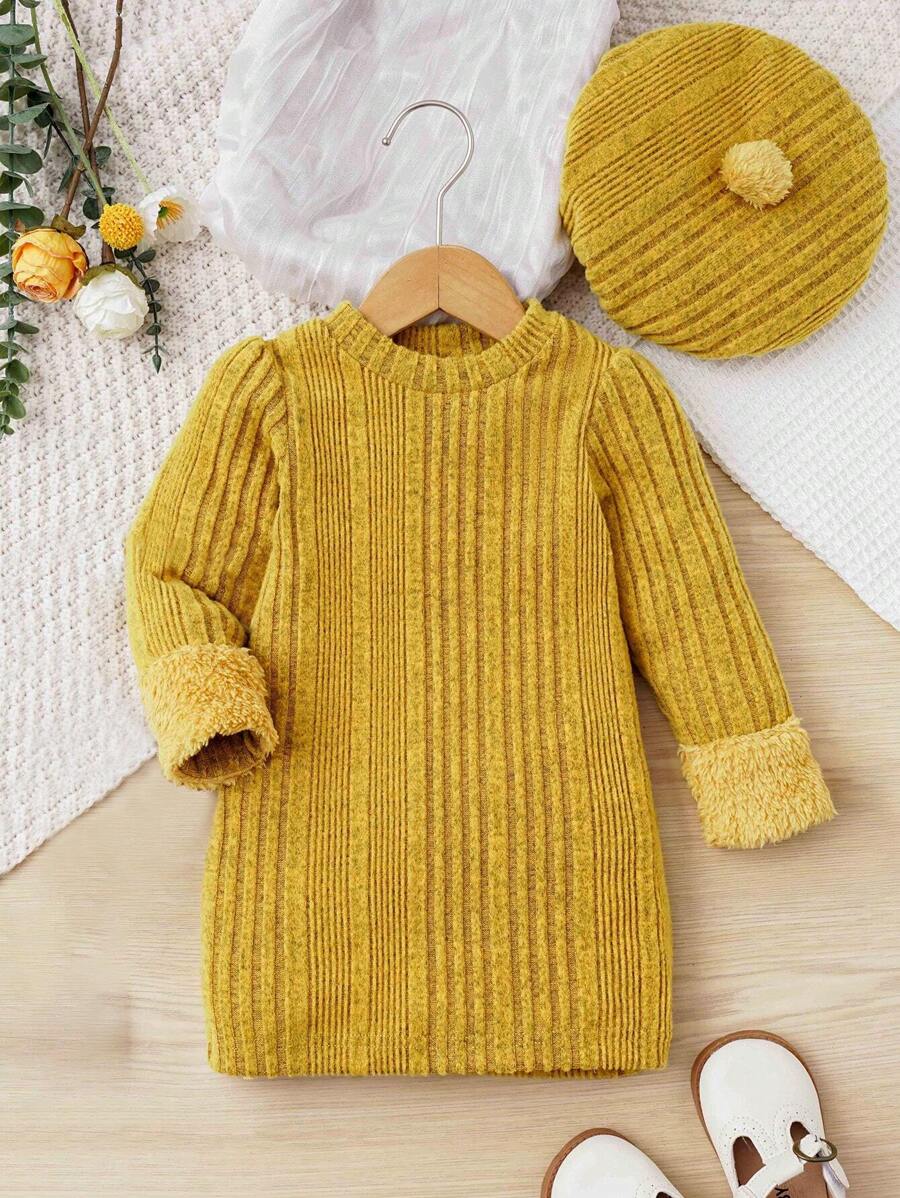 SHEIN Vintaside Kids 嬰兒女孩2件套黃色紋理柔軟外觀裙子,搭配貝殼帽,優雅風格,適用於日常、休閒、假期、派對 - 芥末黃 - 查看 1