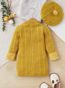 SHEIN Vintaside Kids 嬰兒女孩2件套黃色紋理柔軟外觀裙子，搭配貝殼帽，優雅風格，適用於日常、休閒、假期、派對 - 芥末黃 - 查看 2