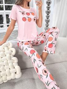 Conjunto de pijama pantalones con camiseta con estampado de melocotón - Multicolor - Ver 1