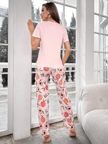 Conjunto de pijama pantalones con camiseta con estampado de melocotón - Multicolor - Ver 2