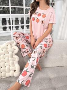 Conjunto de pijama pantalones con camiseta con estampado de melocotón - Multicolor - Ver 3