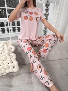 Conjunto de pijama pantalones con camiseta con estampado de melocotón - Multicolor - Ver 4