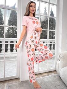 Conjunto de pijama pantalones con camiseta con estampado de melocotón - Multicolor - Ver 6