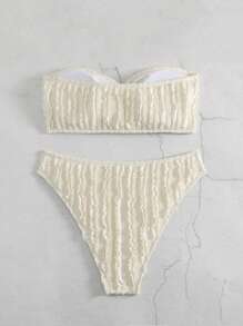 Tie Front Bandeau Bikini Set For Summer Beach Vacation - Beige - View 2