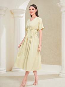 Mulvari 素色蝙蝠袖A字連衣裙 - 黃色 - 查看 3