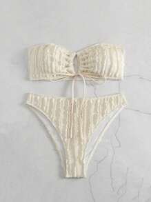 Tie Front Bandeau Bikini Set For Summer Beach Vacation - Beige - View 3