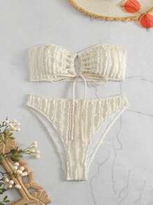 Tie Front Bandeau Bikini Set For Summer Beach Vacation - Beige - View 4
