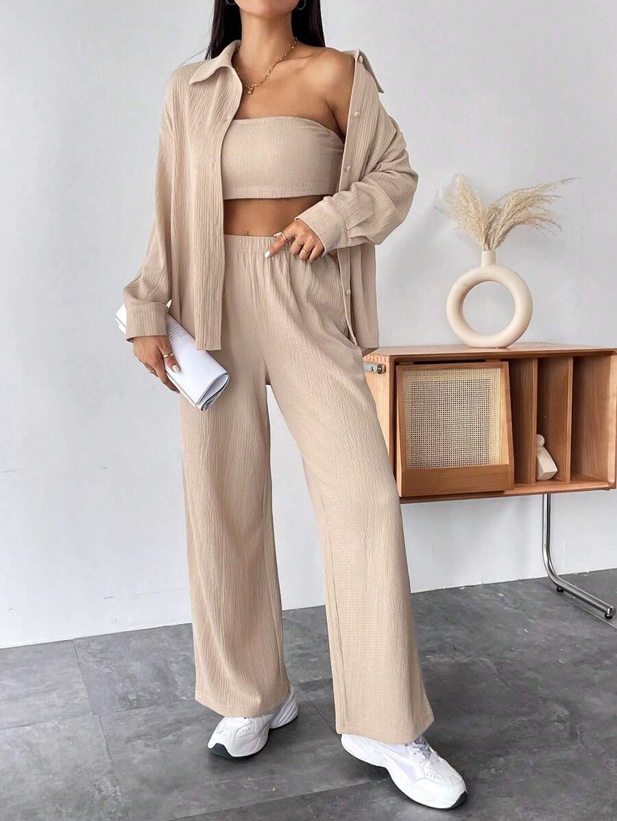 SHEIN PETITE 落肩袖襯衫&抹胸上衣和褲子 - 杏色 - 查看 1