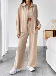 SHEIN PETITE 落肩袖襯衫&抹胸上衣和褲子 - 杏色 - 查看 3