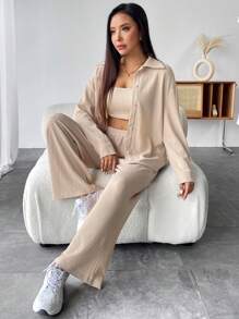 SHEIN PETITE 落肩袖襯衫&抹胸上衣和褲子 - 杏色 - 查看 6