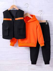 SHEIN Young Boy 3pcs Flap Pocket Vest Jacket & Contrast Tape Side Hoodie & Pants Set - Multicolor - View 1