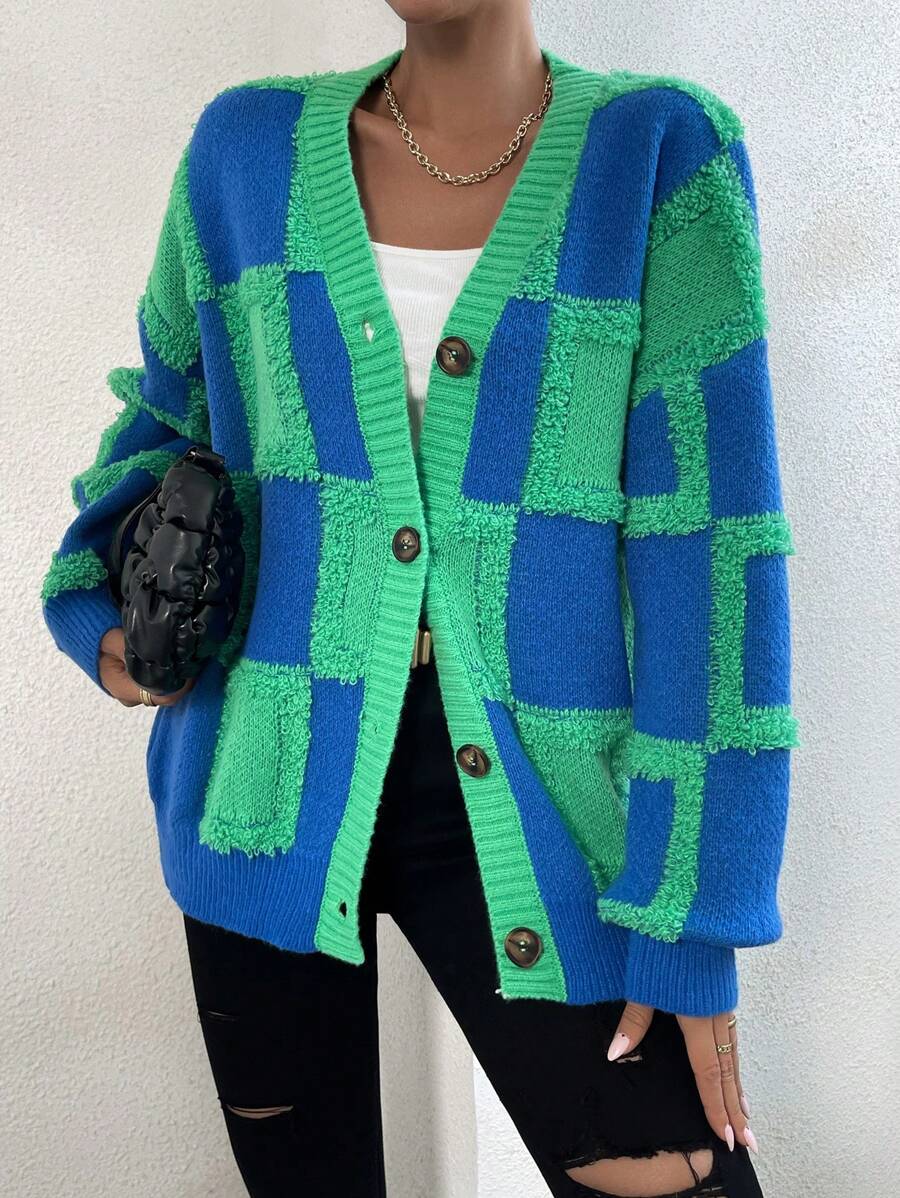 Celisse Hoa văn kẻ sọc Thả vai Áo len Mở - Nhiều màu - Xem 1