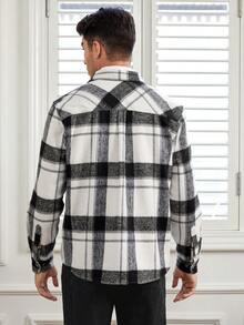 GENTILAND Men Plaid Print Patch Pocket Jacket - Black and White - View 2