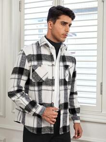 GENTILAND Men Plaid Print Patch Pocket Jacket - Black and White - View 3