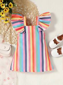 女嬰條紋圖案荷葉邊連衣裙 - 彩色 - 查看 1