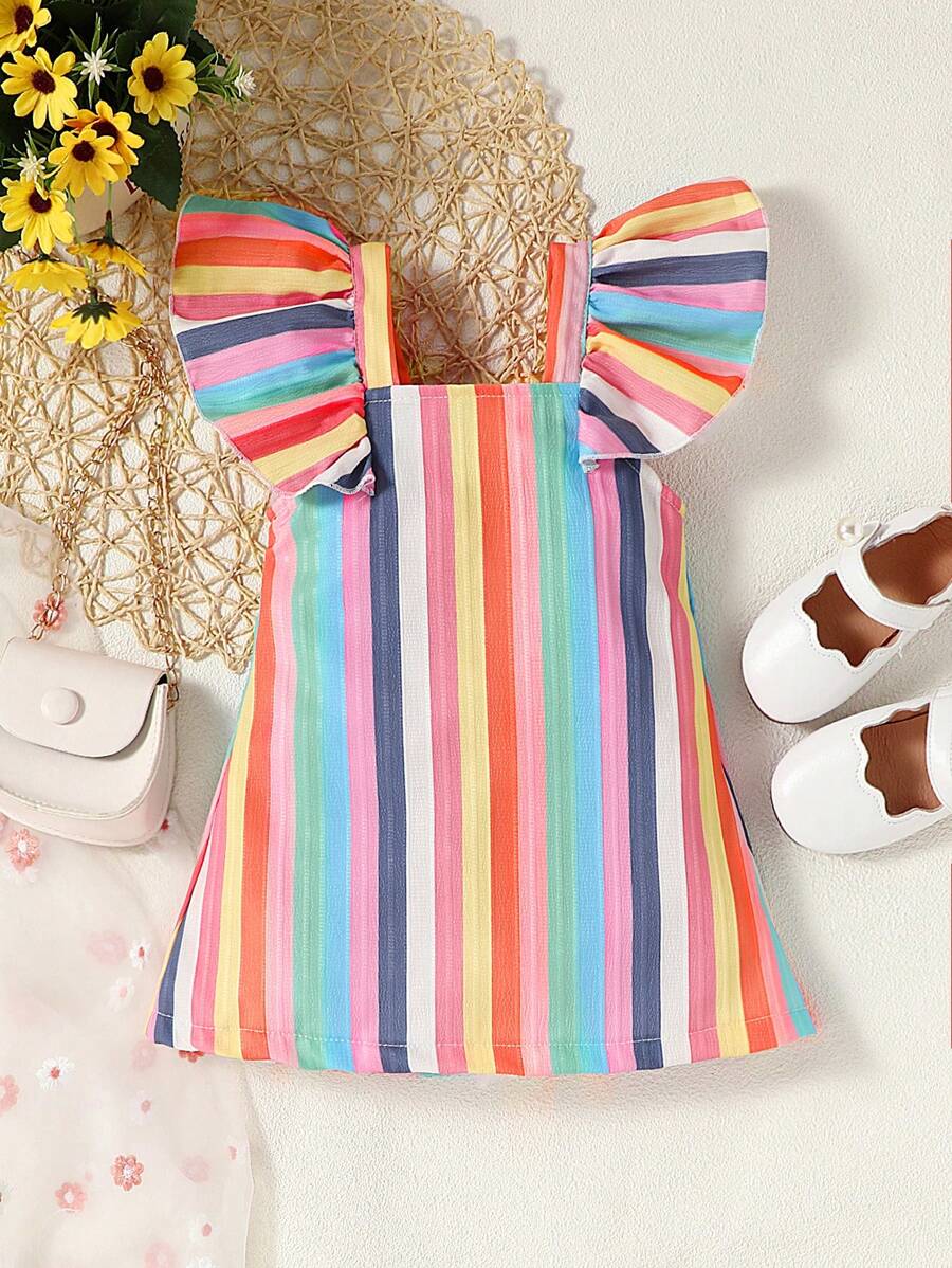 女嬰條紋圖案荷葉邊連衣裙 - 彩色 - 查看 1