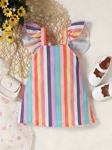 女嬰條紋圖案荷葉邊連衣裙 - 彩色 - 查看 2