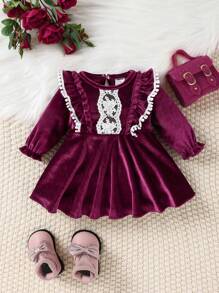 SHEIN Đứa bé gái Ren tương phản Viền Ruffle tay áo lá sen Đầm - Màu tím - Xem 1