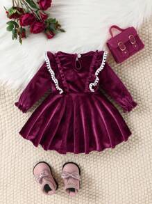 SHEIN Đứa bé gái Ren tương phản Viền Ruffle tay áo lá sen Đầm - Màu tím - Xem 2