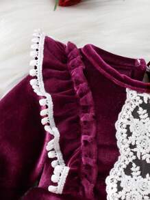 SHEIN Đứa bé gái Ren tương phản Viền Ruffle tay áo lá sen Đầm - Màu tím - Xem 5