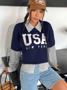 SHEIN Unity Letter Graphic Colorblock Drop Shoulder 2 In 1 Sweatshirt - Multicolor - View 1