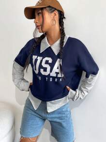SHEIN Unity Letter Graphic Colorblock Drop Shoulder 2 In 1 Sweatshirt - Multicolor - View 4