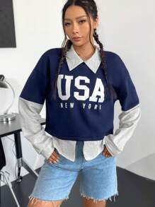 SHEIN Unity Letter Graphic Colorblock Drop Shoulder 2 In 1 Sweatshirt - Multicolor - View 6