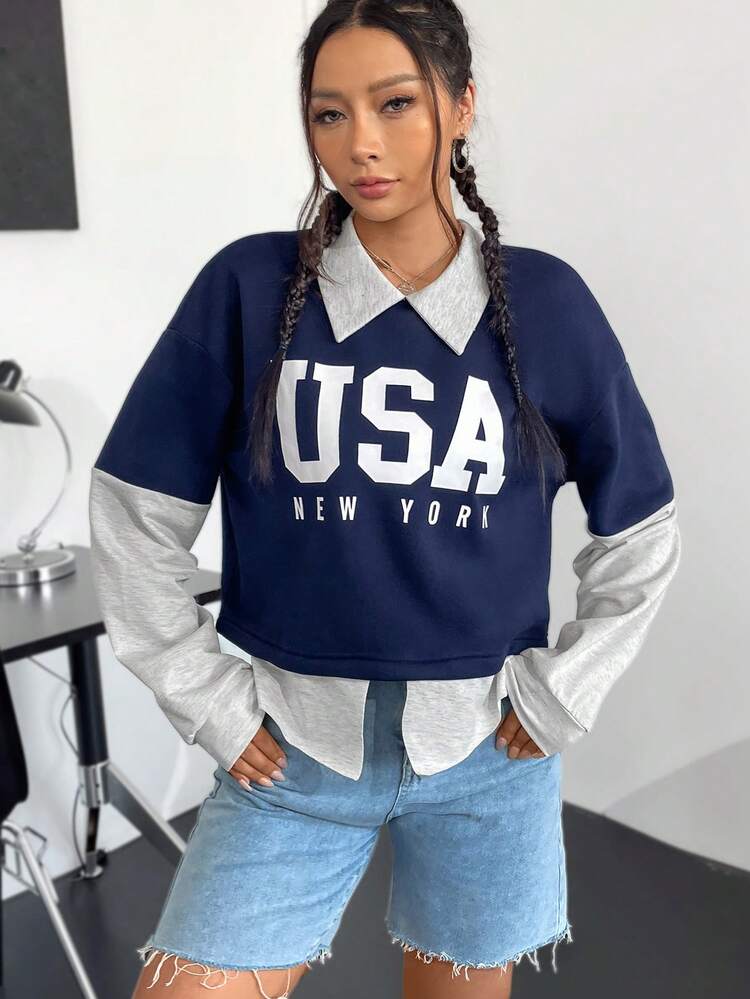 SHEIN Unity 字母圖案撞色落肩袖二合一運動衫 - 彩色 - 查看 6