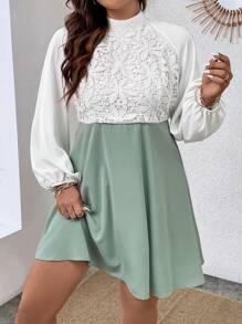 Celure Plus Contrast Lace Mock Neck Lantern Sleeve Dress