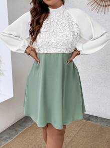 Celure Plus Contrast Lace Mock Neck Lantern Sleeve Dress