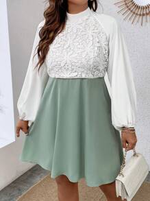 Celure Plus Contrast Lace Mock Neck Lantern Sleeve Dress