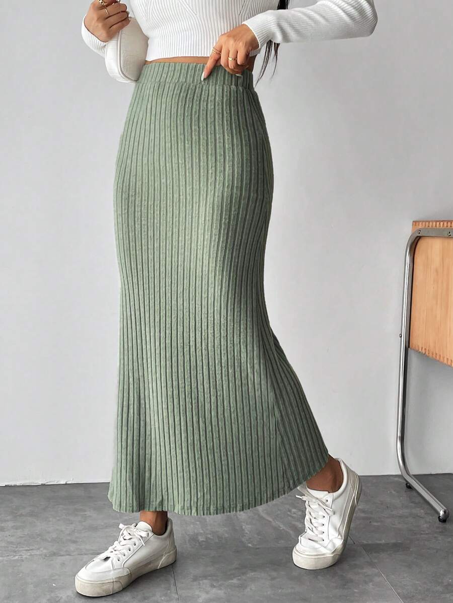 SHEIN PETITE Solid Ribbed Knit Mermaid Hem Skirt - Mint Green - View 1