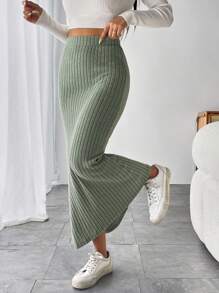 SHEIN PETITE Solid Ribbed Knit Mermaid Hem Skirt - Mint Green - View 4