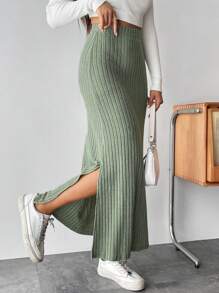 SHEIN PETITE Solid Ribbed Knit Mermaid Hem Skirt - Mint Green - View 5