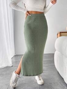 SHEIN PETITE Solid Ribbed Knit Mermaid Hem Skirt - Mint Green - View 6