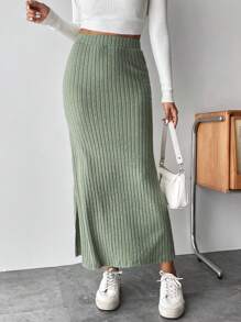 SHEIN PETITE Solid Ribbed Knit Mermaid Hem Skirt - Mint Green - View 7