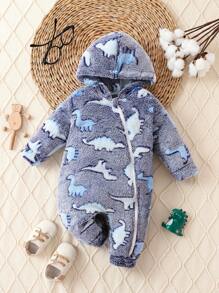 女嬰恐龍印花拉鏈開襟連帽絨毛連身褲 - 藏蓝色 - 查看 1