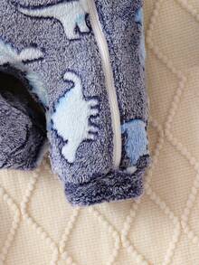 女嬰恐龍印花拉鏈開襟連帽絨毛連身褲 - 藏蓝色 - 查看 3