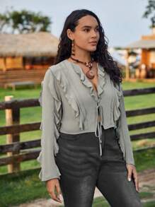 SHEIN VCAY Plus Ruffle Trim Tie Front Blouse - Army Green - View 6