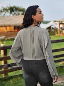 SHEIN VCAY Plus Ruffle Trim Tie Front Blouse - Army Green - View 2