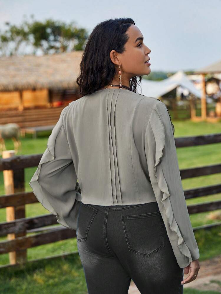 Plus Ruffle Trim Tie Front Blouse